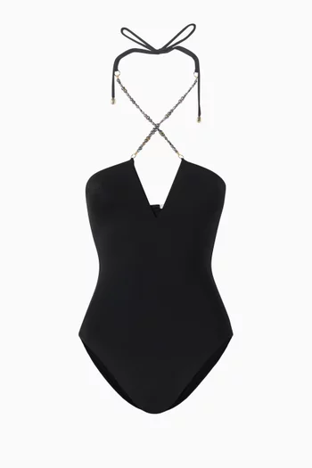 Black Pearl Embellished Halterneck One-piece Swimsuit