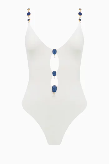 Lapis Lazuli & Pearl Embellished Cutout One-piece Swimsuit