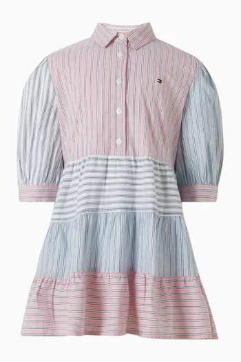 فستان بنمط قميص بطبقات متعددة وخطوط مختلفة قطن مطاطي