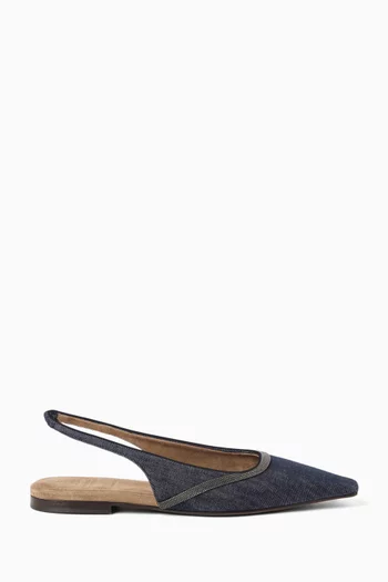 Monili-embellished Slingback Flats in Cotton Twill