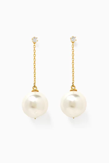 Linear Pearl & CZ Earrings in Gold-plated Brass
