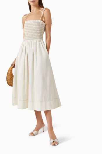 Kaela Smocked Midi Dress in Cotton-poplin