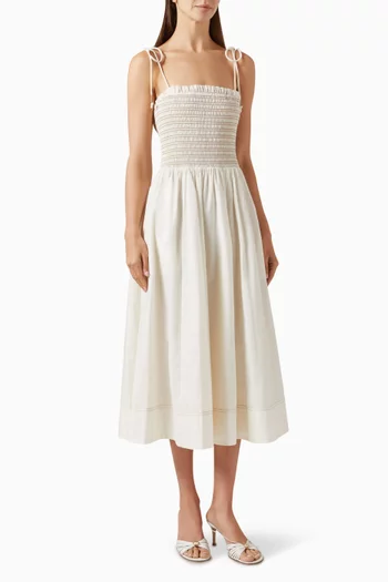 Kaela Smocked Midi Dress in Cotton-poplin