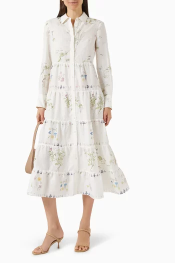 Printed Midi Shirtdress in Linen