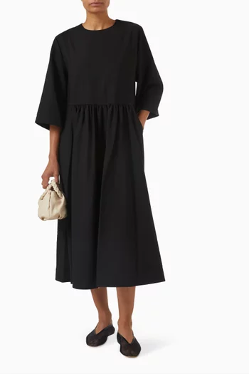 Gathered Midi Dress in Wool-blend Twill