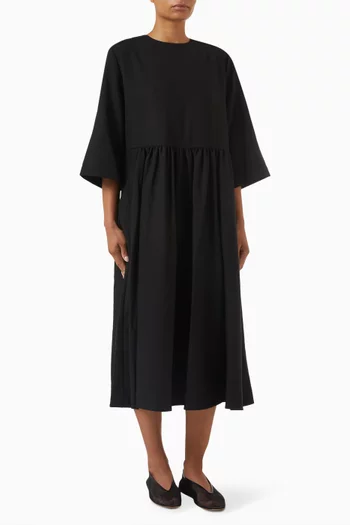 Gathered Midi Dress in Wool-blend Twill