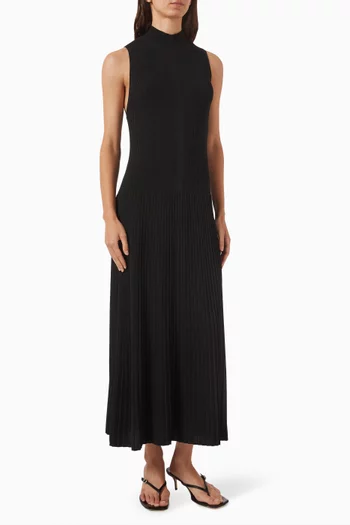 Pleated High-neck Maxi Dress in Viscose Blend
