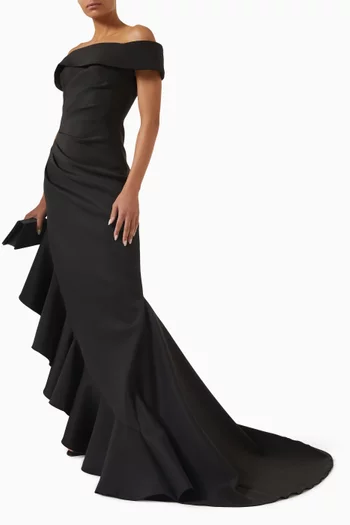 Off-shoulder Ruffle Gown in Satin