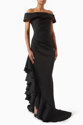 Off-shoulder Ruffle Gown in Satin