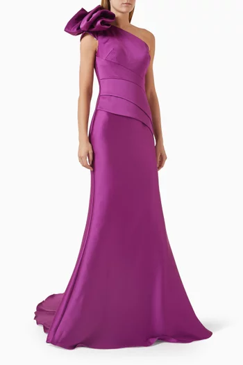One-shoulder Ruffle Gown in Crepe