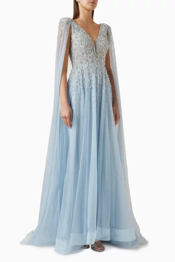 Sequin-embellished Cape Gown in Tulle