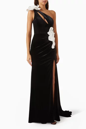 One-shoulder Floral-appliqué Gown