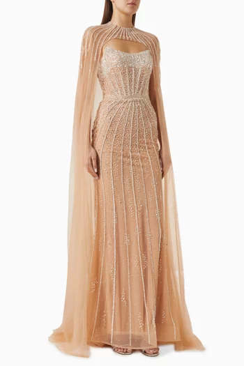 Bead-embellished Cape Dress in Tulle