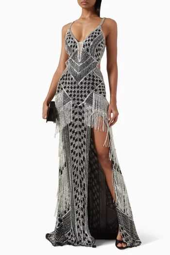 Sequin-embellished Fringe Gown