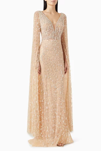 Crystal-embellished Cape Dress in Tulle