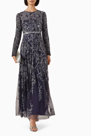 Floral Embellished A-line Gown in Mesh