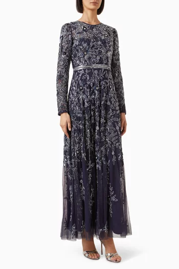 Floral Embellished A-line Gown in Mesh
