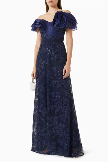Off-shoulder Embellished Gown in Lace