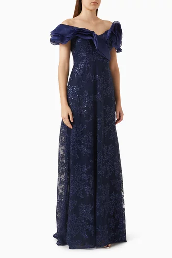 Off-shoulder Embellished Gown in Lace