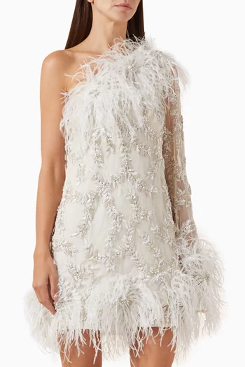 فستان البي قصير مزين بالريش