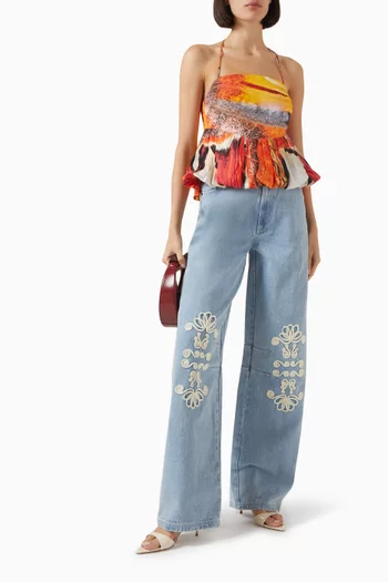 بلوزة رومي بنقشة فراشات مزيج كتان