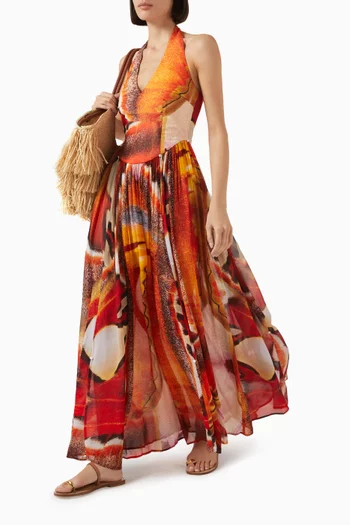 فستان رومي طويل بنقشة فراشات مزيج كتان