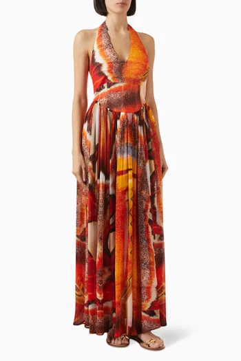 فستان رومي طويل بنقشة فراشات مزيج كتان