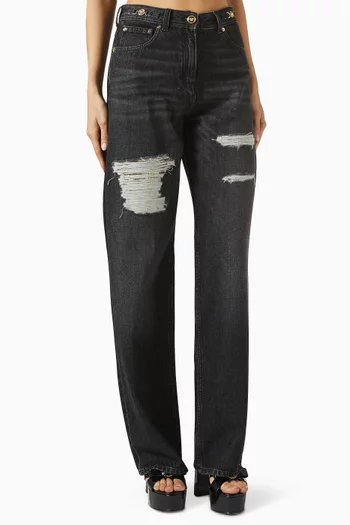 Metal Mesh Distressed Jeans in Denim