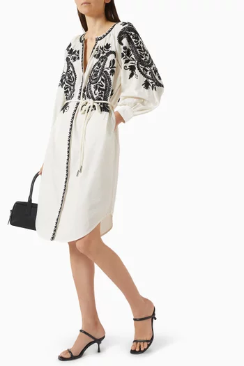 Gaia Embroidered Belted Dress in Cotton
