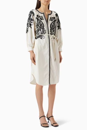 Gaia Embroidered Belted Dress in Cotton