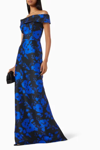 فستان سهرة بأكتاف مكشوفة ونقشة زهور ميكادو مطاطي