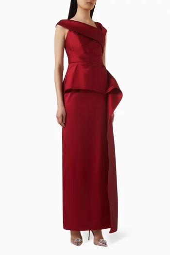 فستان بتصميم غير متماثل وحافة بشكل جرس حرير