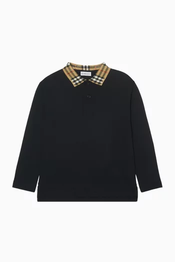 تي شيرت بولو بأكمام طويلة قطن بيكيه بياقة بنقشة مربعات