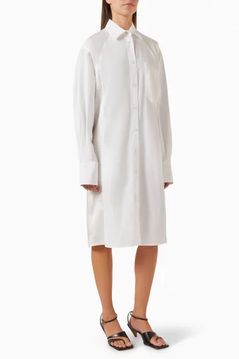 فستان متوسط الطول بنمط قميص مزيج ستان وبوبلين