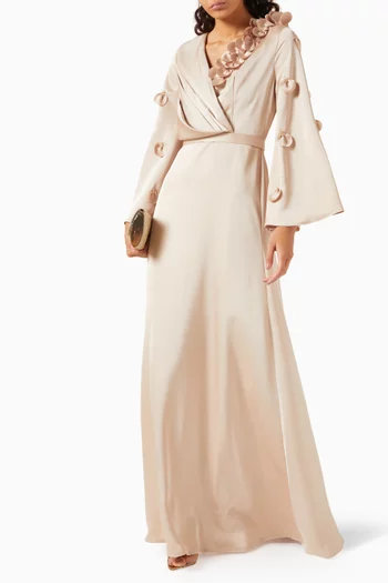 3D Floral-applique Dress in Satin