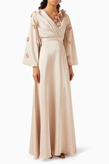 3D Floral-applique Dress in Satin