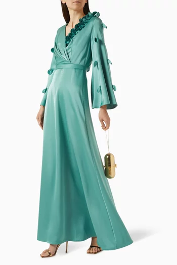 3D Floral-applique Dress in Satin