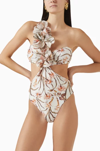 Botanic Retro Flower Applique One-piece Swimsuit