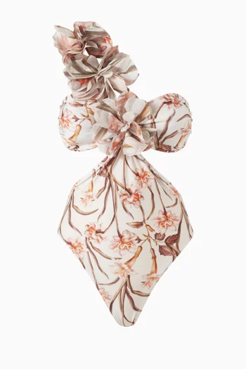 Botanic Retro Flower Applique One-piece Swimsuit