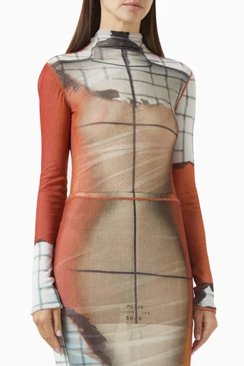 Twisted Fire-print Bodysuit in Mesh