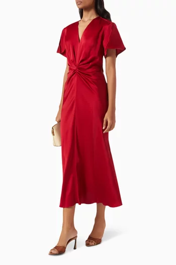 Gathered V-neck Midi Dress in Viscose-blend