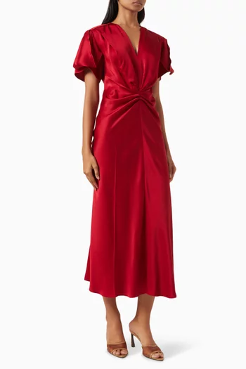 Gathered V-neck Midi Dress in Viscose-blend