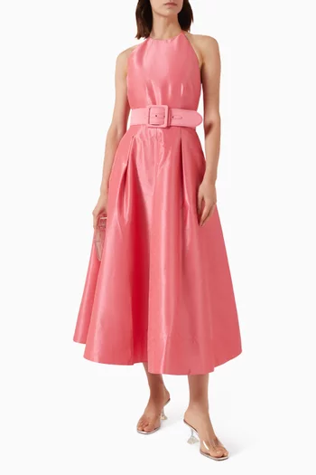 Maple Halter Belted Midi Dress in Taffeta