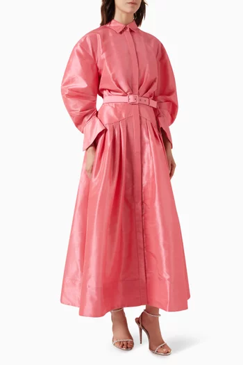 Maple Shirt Belted Midi Dress in Taffeta