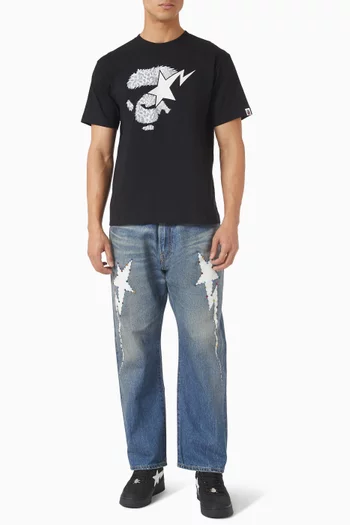 تي شيرت بطبعة رأس غوريلا ونقشة جلد الفهد بشعار الماركة قطن