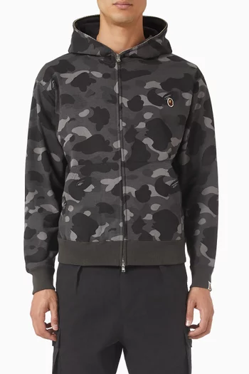 One Point Color Camo Cropped Full Zip Hoodie in Cotton