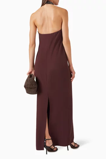 فستان طويل بياقة مطرزة بخرز مزيج حرير