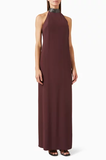 فستان طويل بياقة مطرزة بخرز مزيج حرير