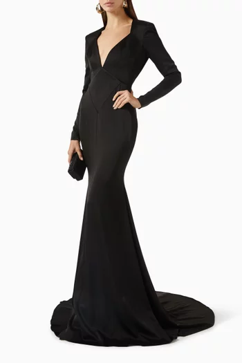 Plunge-neck Gown in Satin Crepe