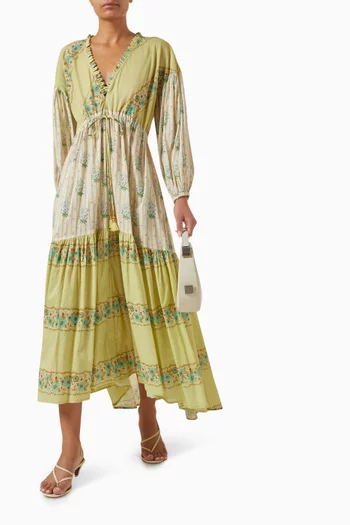 Lysia Drawstring Spliced Maxi Dress in Cotton-voile